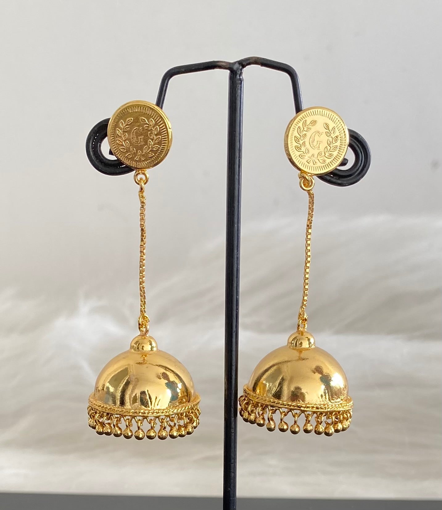 Gold tone kerala style coin long jhumkka dj-54302