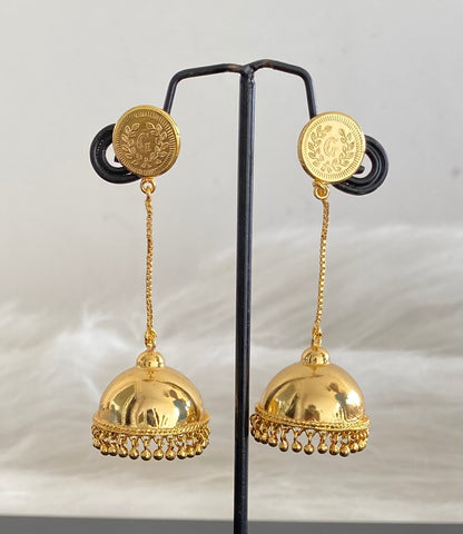 Gold tone kerala style coin long jhumkka dj-54302