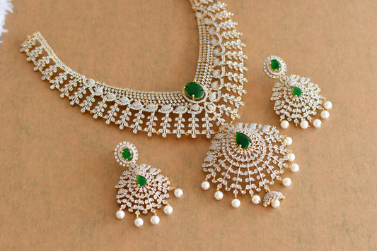 Two tone emerald-white bridal big necklace set dj-51981