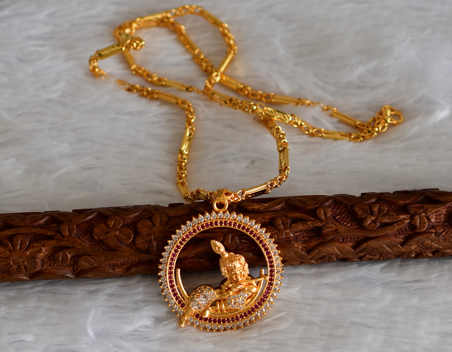 Gold tone 24 inches chain with ruby-white krishna round pendant dj-51918