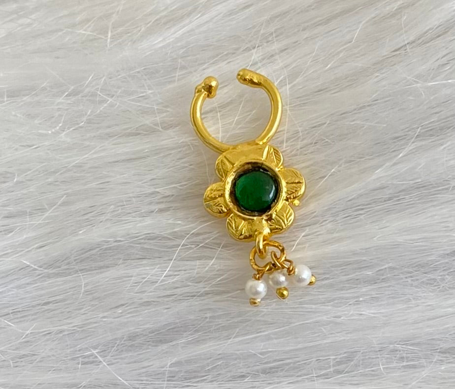 Gold tone green stone pearl nose pin/bulakku dj-53813