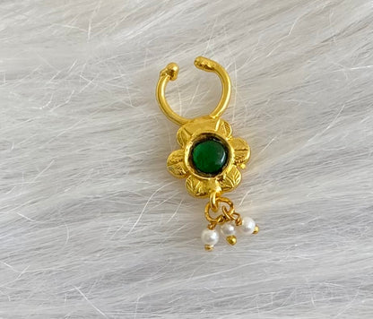 Gold tone green stone pearl nose pin/bulakku dj-53813