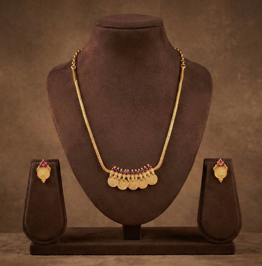 Gold tone kerala style ruby lakshmi coin necklace set dj-52682