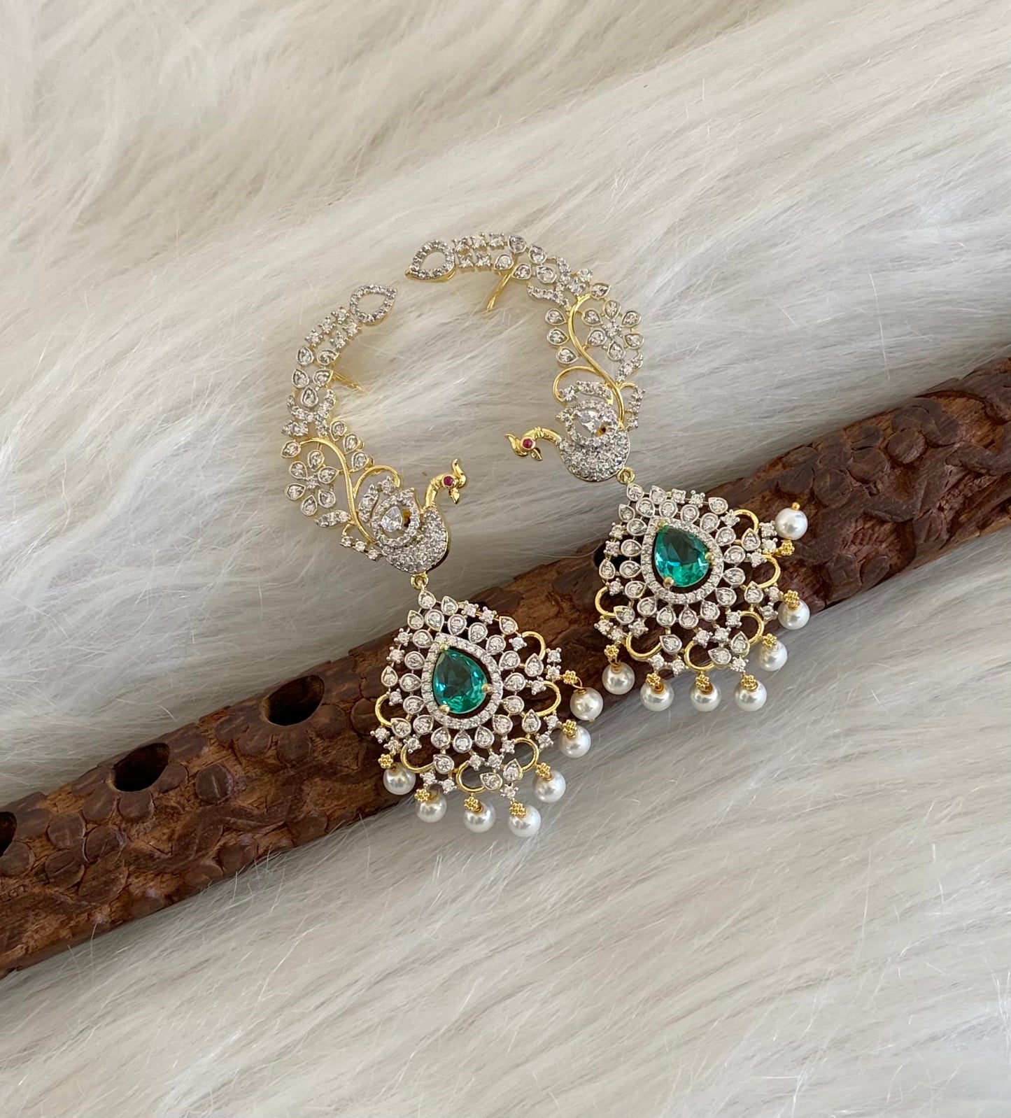 Two tone white-peacock green stone pearl peacock khanpool earrings dj-54657