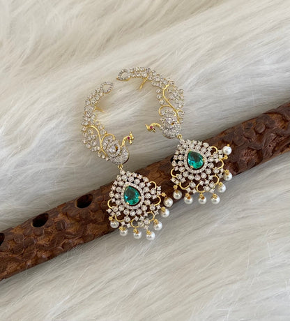 Two tone white-peacock green stone pearl peacock khanpool earrings dj-54657