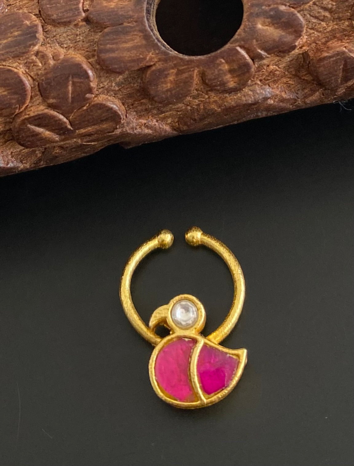 Gold tone kundan jadau pink-white stone swan nose pin/bulakku dj-53741