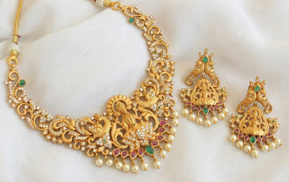 Matte finish ruby-green pearl lakshmi necklace set DJ28426