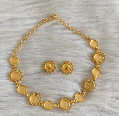 Gold tone pink stone lakshmi coin choker necklace set dj-54122