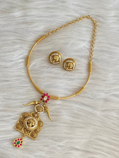 Antique gold tone Kundan jadau lion head pendant hasli necklace set dj-53852