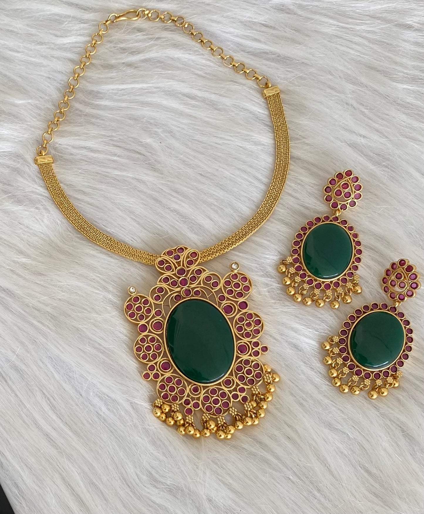 Matte finish big green oval stone pendant choker necklace set dj-53987