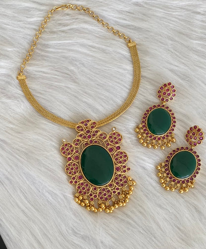 Matte finish big green oval stone pendant choker necklace set dj-53987