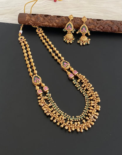 Antique gold tone pink-green stone beaded double layer necklace set dj-54767