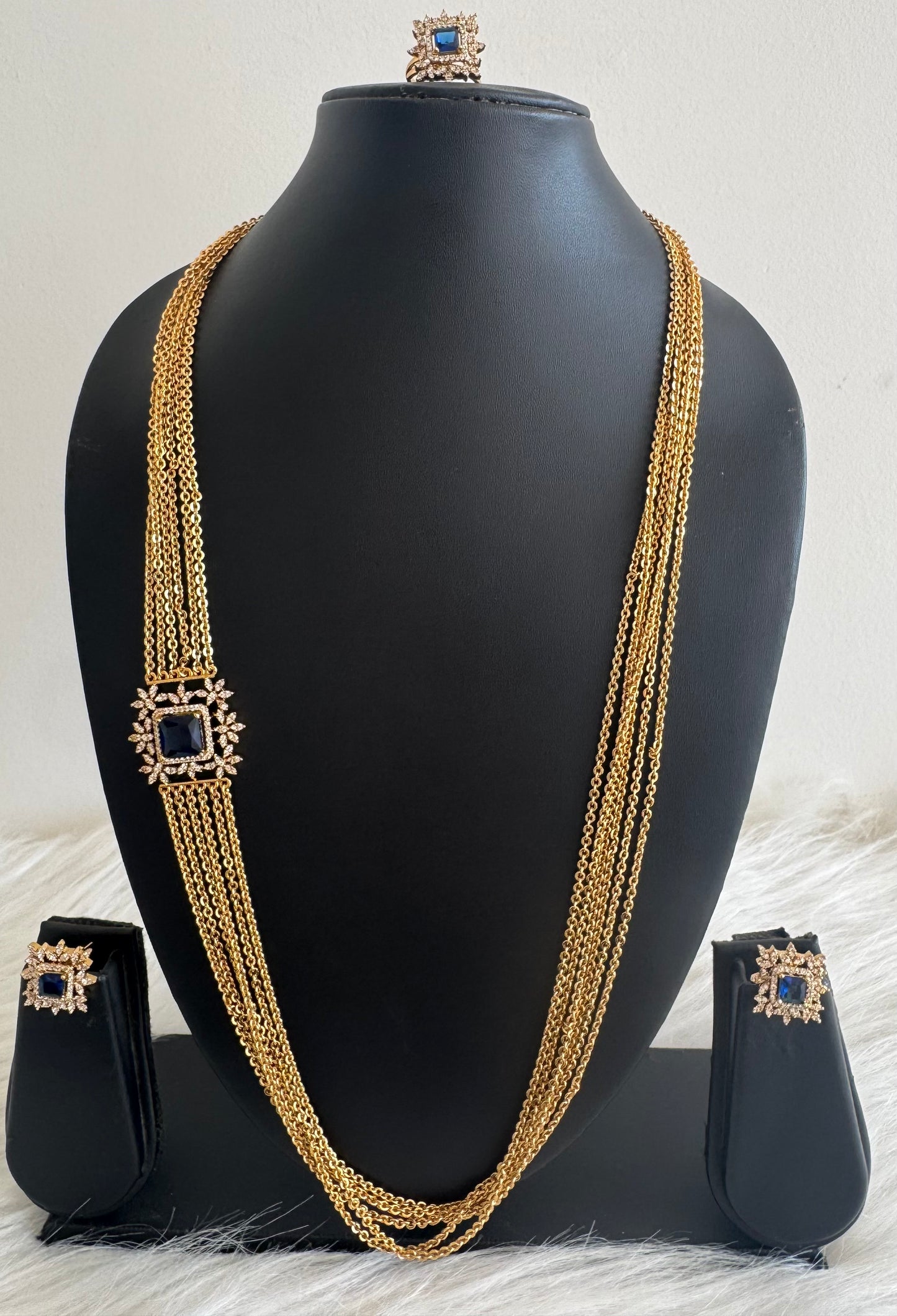 Matte finish cz blue block stone mugappu chandra haar set dj-51245