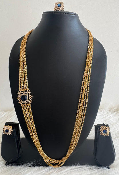 Matte finish cz blue block stone mugappu chandra haar set dj-51245