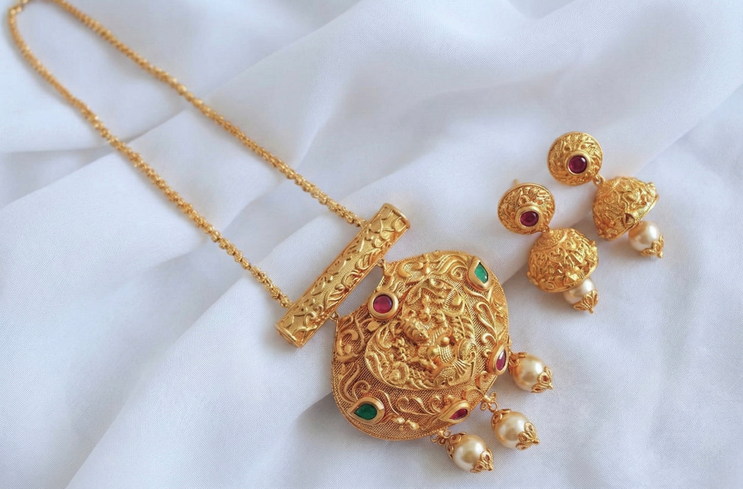 Matte Finish ruby-emerald Lakshmi chain/necklace set -dj13216