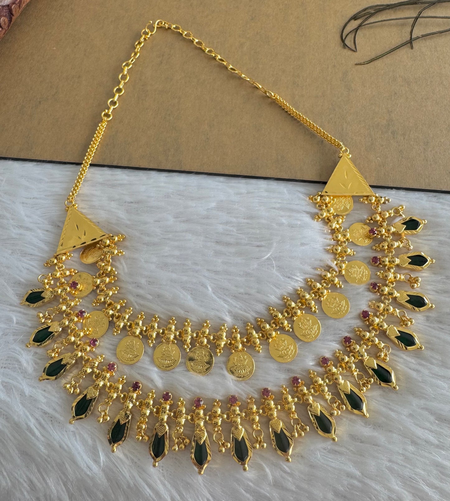 Gold tone kerala style pink-green nagapadam lakshmi coin double layer necklace dj-51735