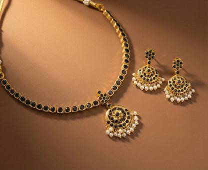 Gold tone south indian style black attigai set dj-34633