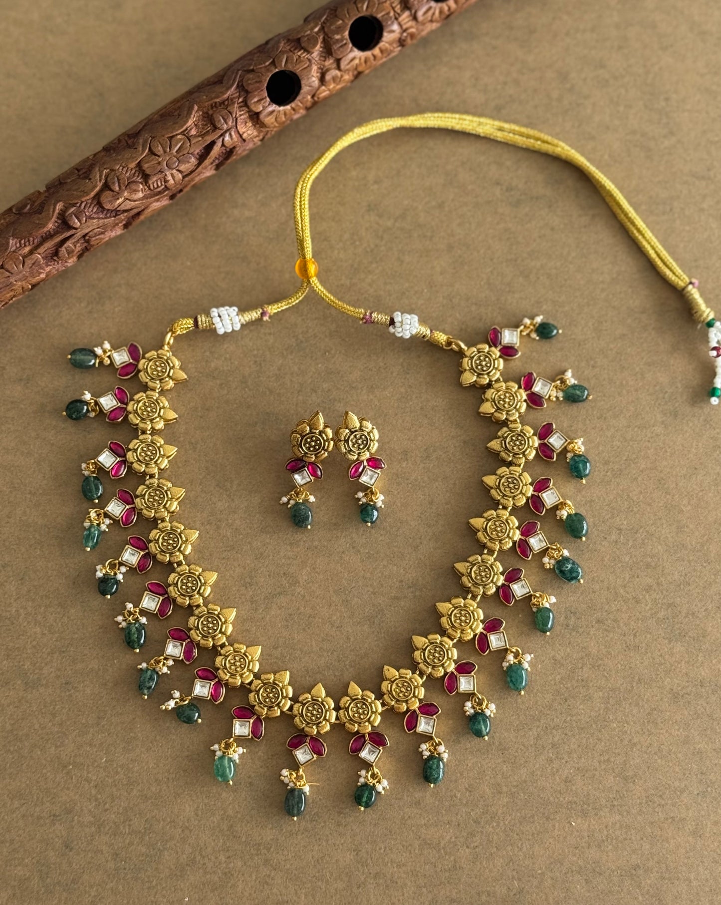 Matte finish pink-green kundan jadau beaded flower necklace set dj-51546