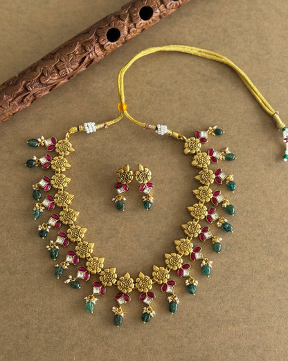 Matte finish pink-green kundan jadau beaded flower necklace set dj-51546