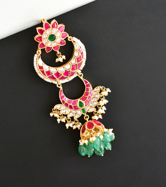 Gold tone pink-green kundan jadau flower hair jewel dj-52375