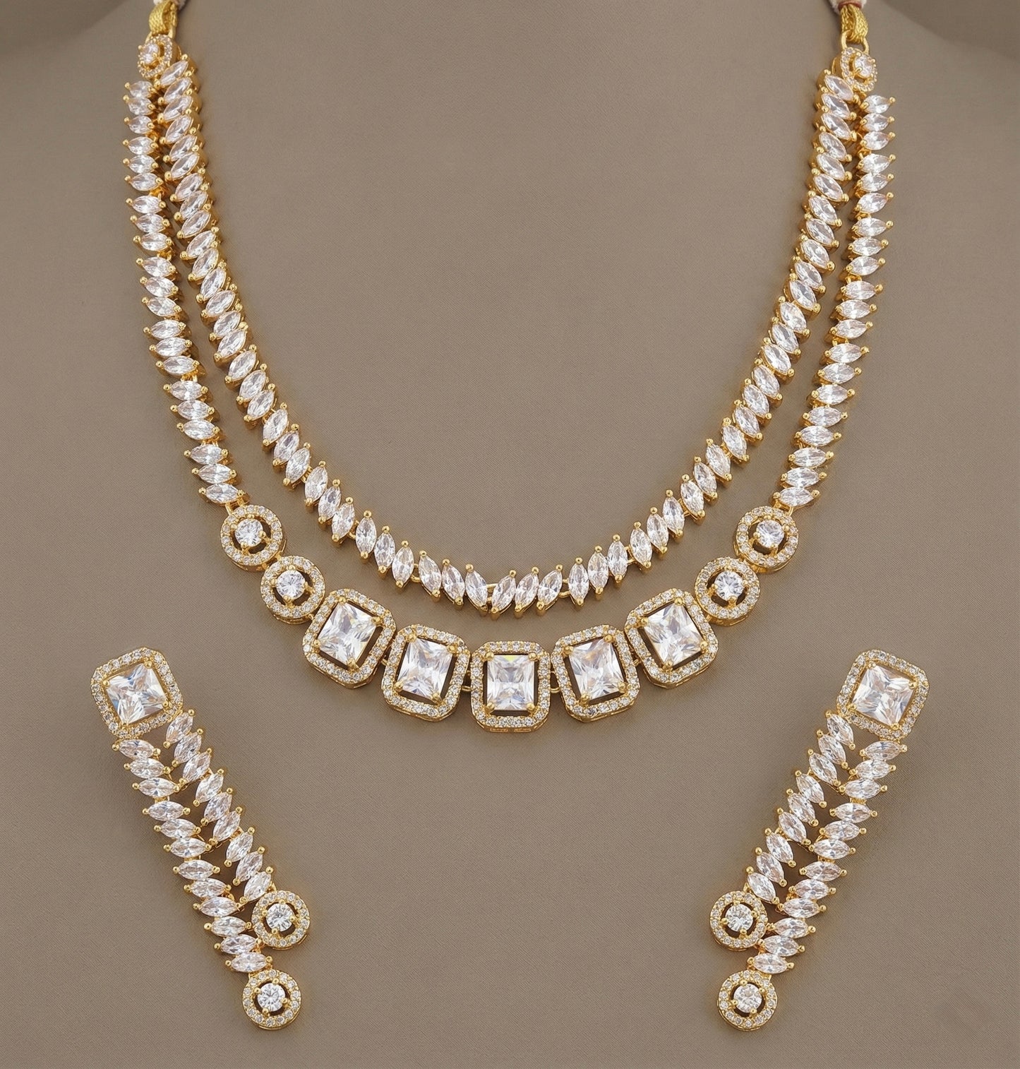 Gold tone white double layer necklace set DJ-24540