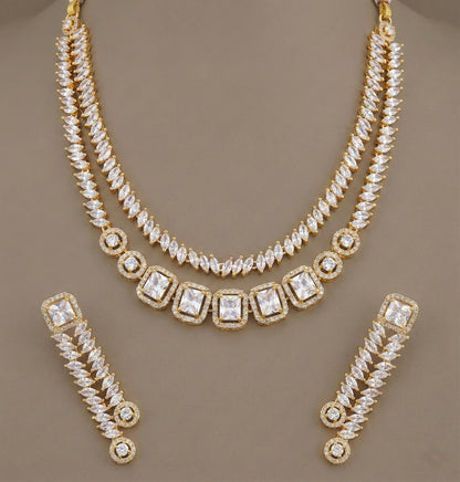 Gold tone white double layer necklace set DJ-24540