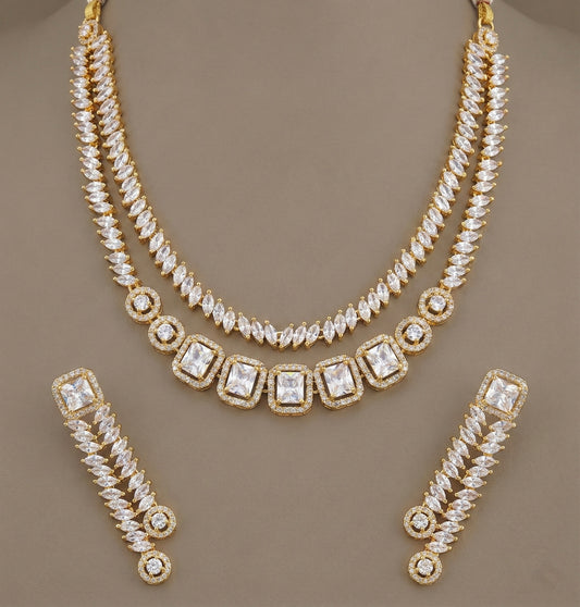 Gold tone white double layer necklace set DJ-24540
