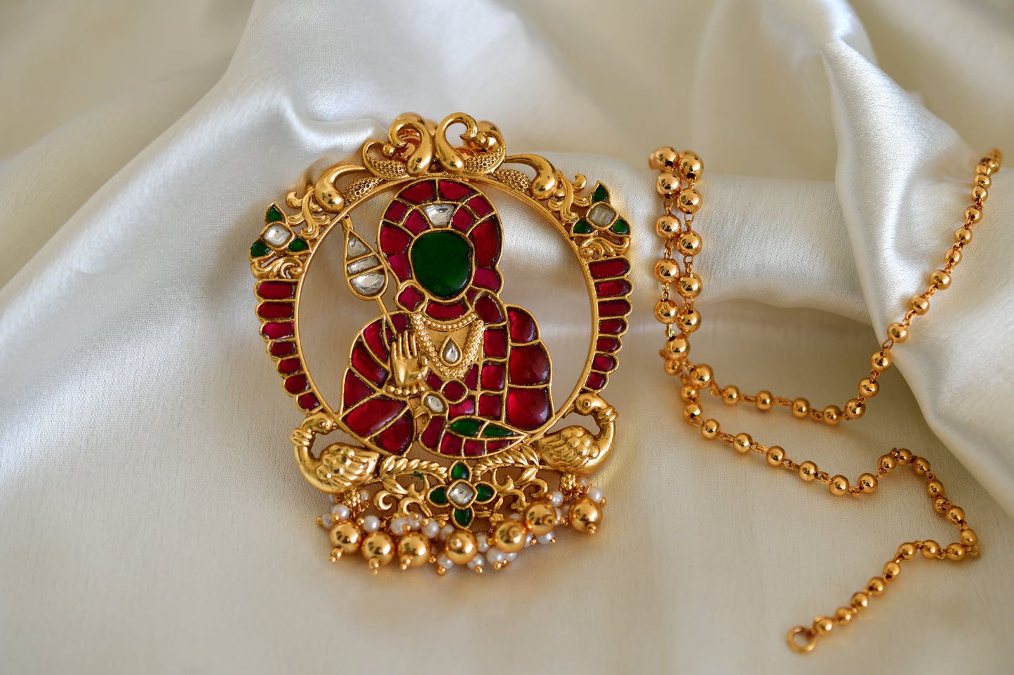 Matte finish pink-green kundan jadau Shri Karthikeya pendant necklace dj-52605