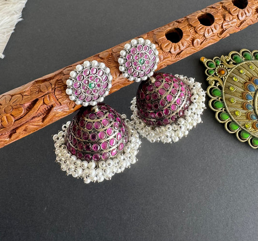 Black finish precious kemp-green-white stone pearl big jhumkka dj-52012