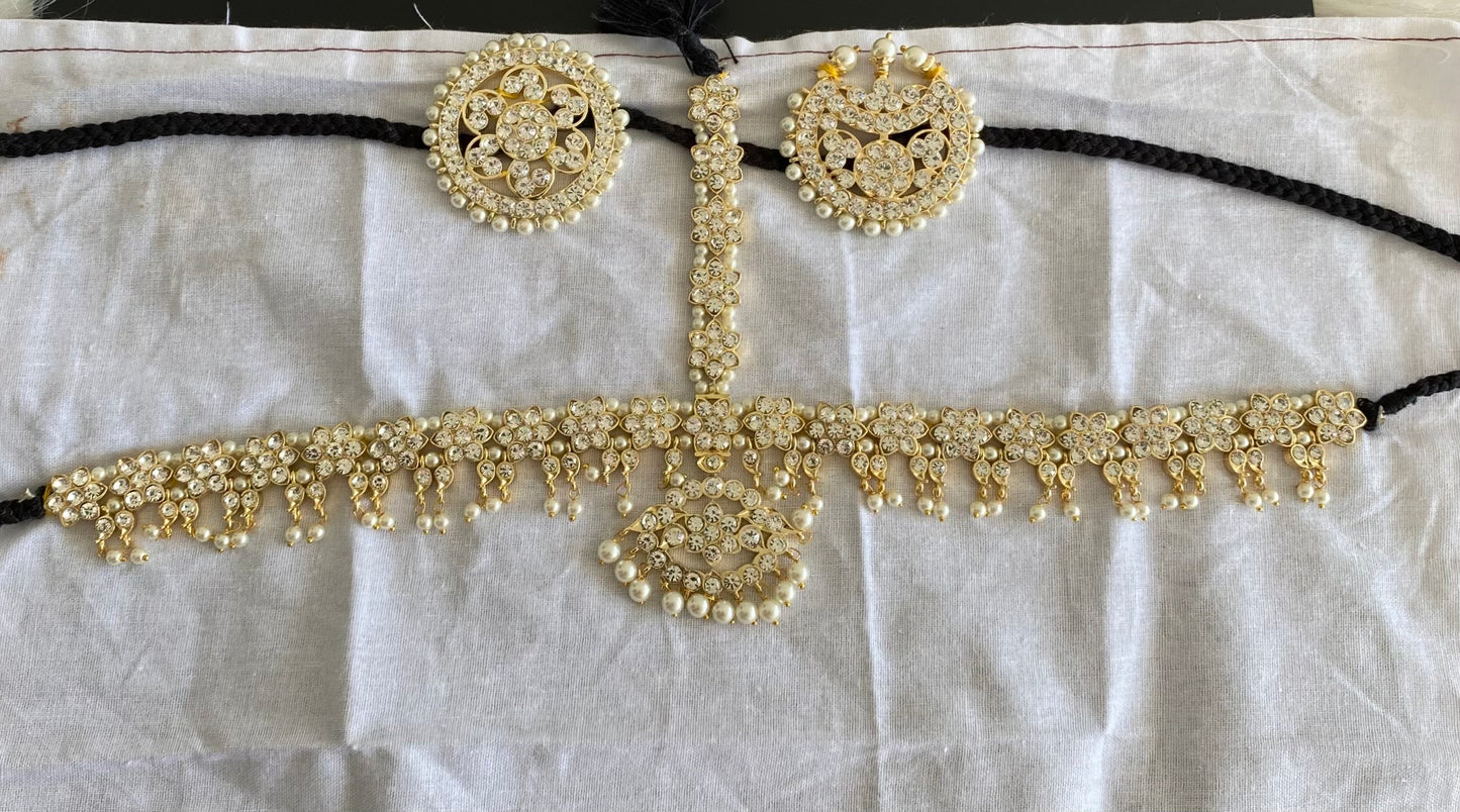 Gold tone AD white stone mango flower pearl with sun moon set tikka dj-54675
