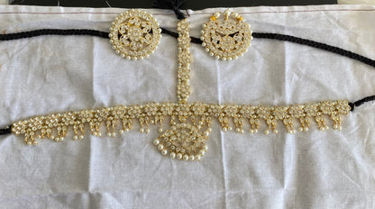 Gold tone AD white stone mango flower pearl with sun moon set tikka dj-54675