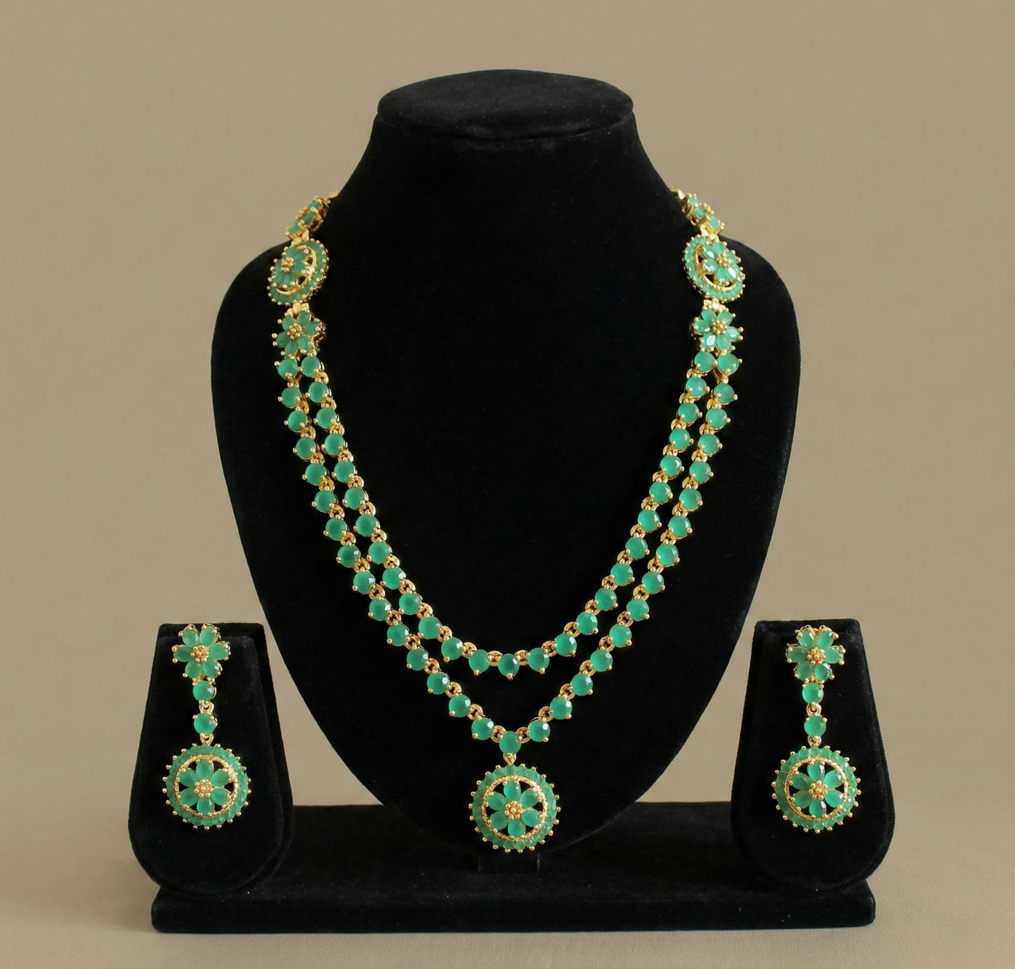 Gold Tone Emerald Double layer Necklace Set DJ24655