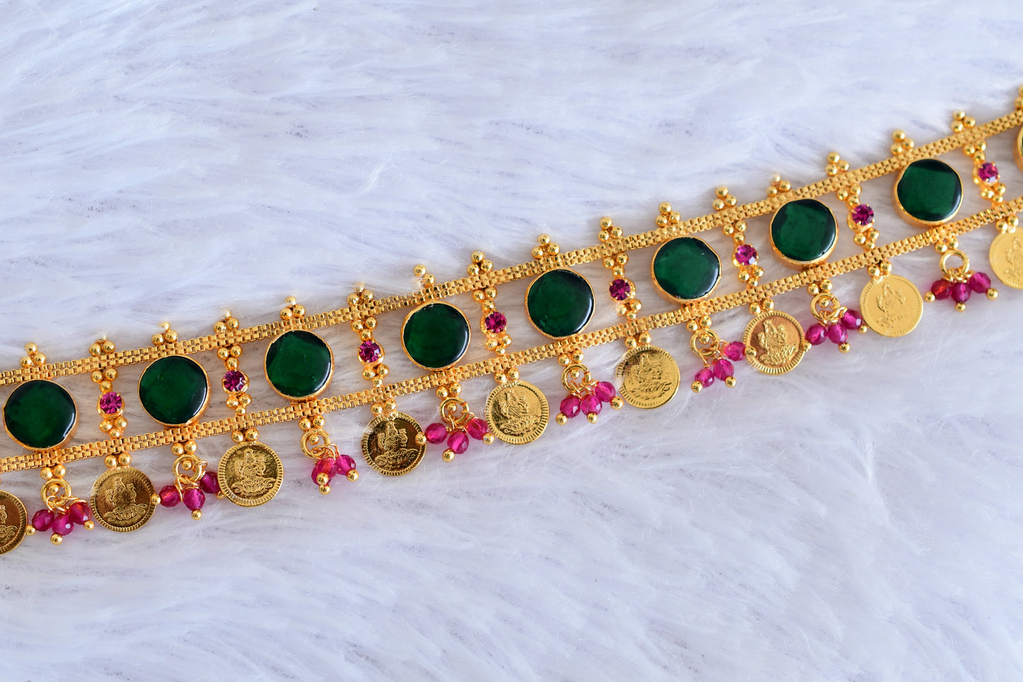 Gold tone kerala style pink-green round laksmi coin choker necklace dj-53088