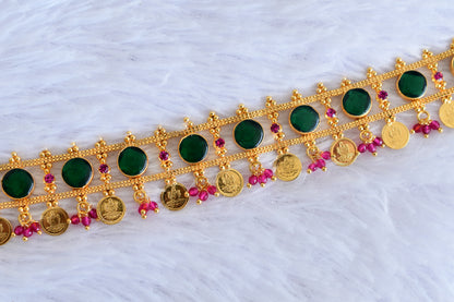 Gold tone kerala style pink-green round laksmi coin choker necklace dj-53088