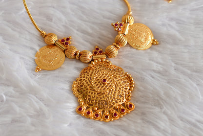 Gold tone AD pink flower lakshmi coin necklace dj-51844