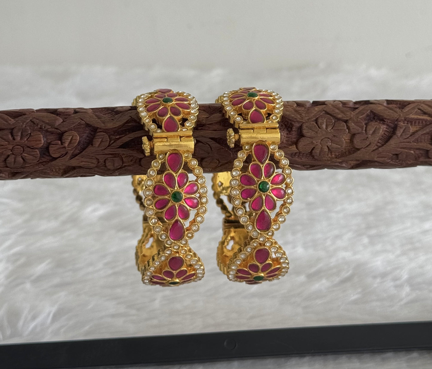 Gold tone pink-green flower kundan jadau screw type bangles(2.4) dj-51566