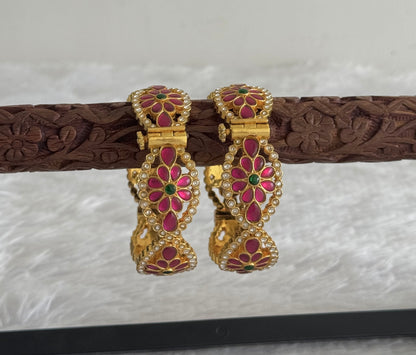 Gold tone pink-green flower kundan jadau screw type bangles(2.4) dj-51566