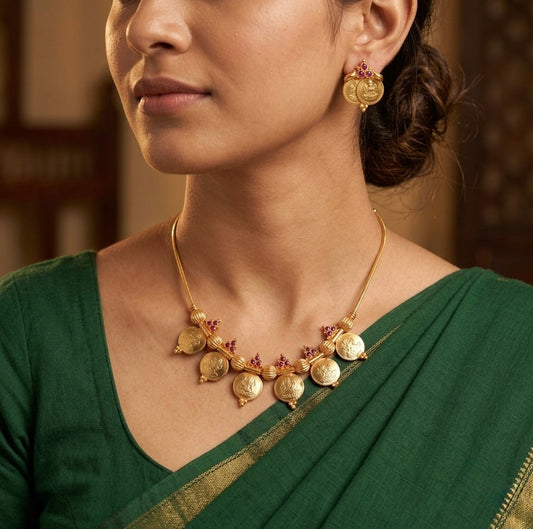 Gold tone pink stone lakshmi coin necklace set dj-53053