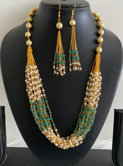 Gold tone green beaded pearl multilayer necklace set dj-54211