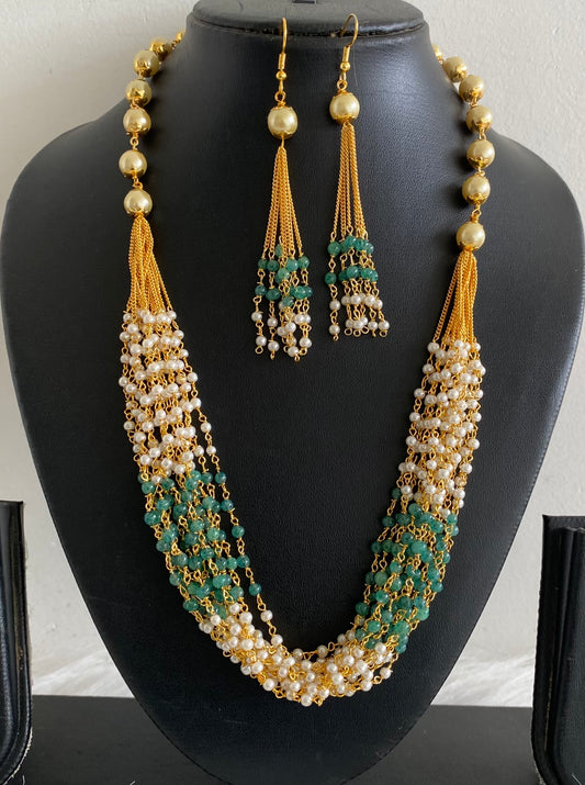 Gold tone green beaded pearl multilayer necklace set dj-54211