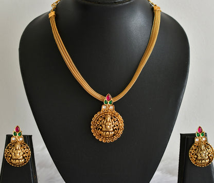 Matte finish pink-green jadau Lakshmi pendant necklace set dj-51822