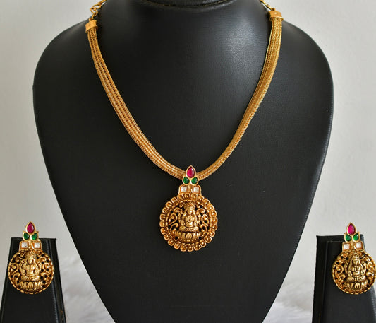 Matte finish pink-green jadau Lakshmi pendant necklace set dj-51822