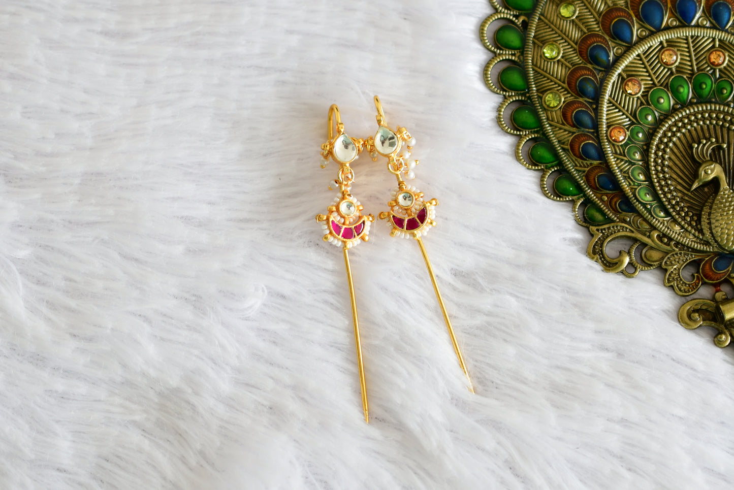Gold tone pink-white kundan jadau moon bugadi needle earrings dj-52451