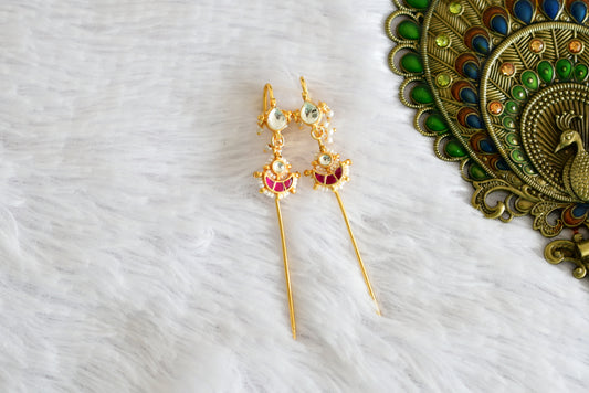 Gold tone pink-white kundan jadau moon bugadi needle earrings dj-52451