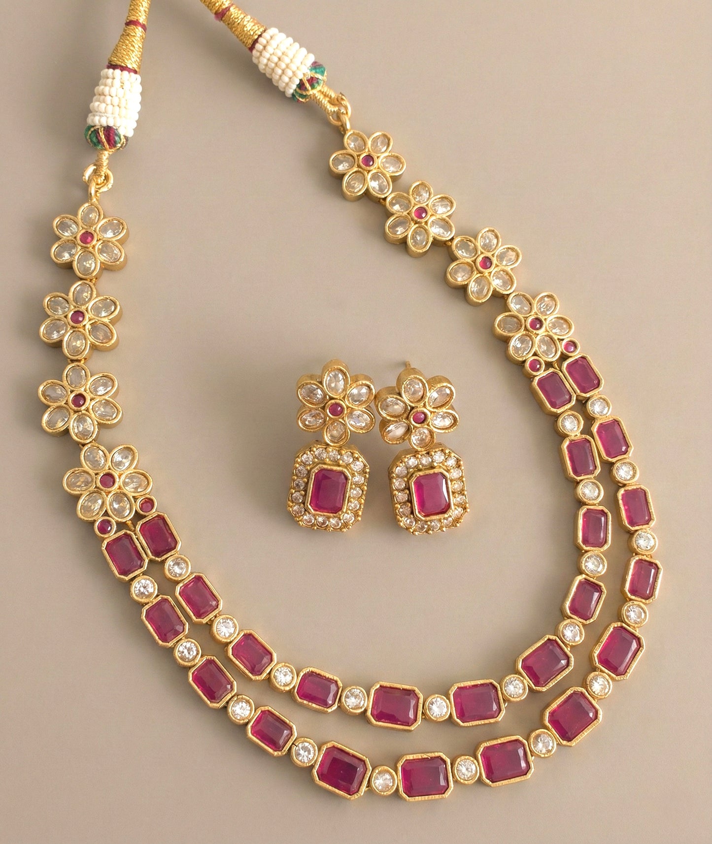 Matte finish ruby double layer flower necklace set DJ31930