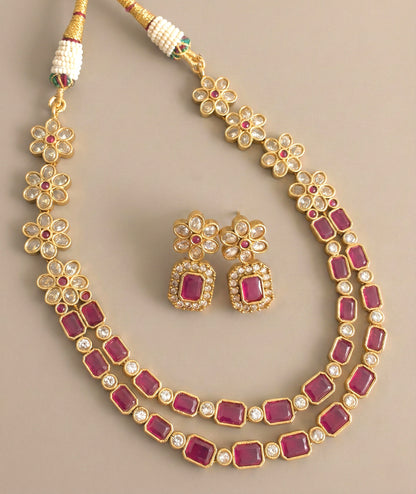 Matte finish ruby double layer flower necklace set DJ31930