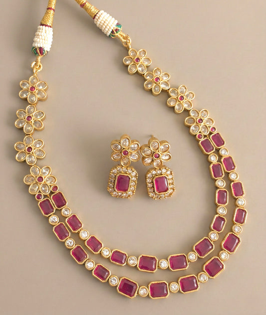 Matte finish ruby double layer flower necklace set DJ31930