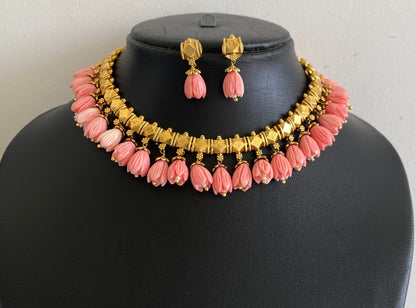 Antique gold tone pink tulip beaded necklace set dj-54367