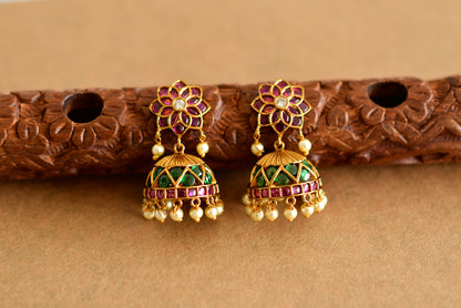 Matte finish kemp-green pearl cluster flower jhumkka dj-50508