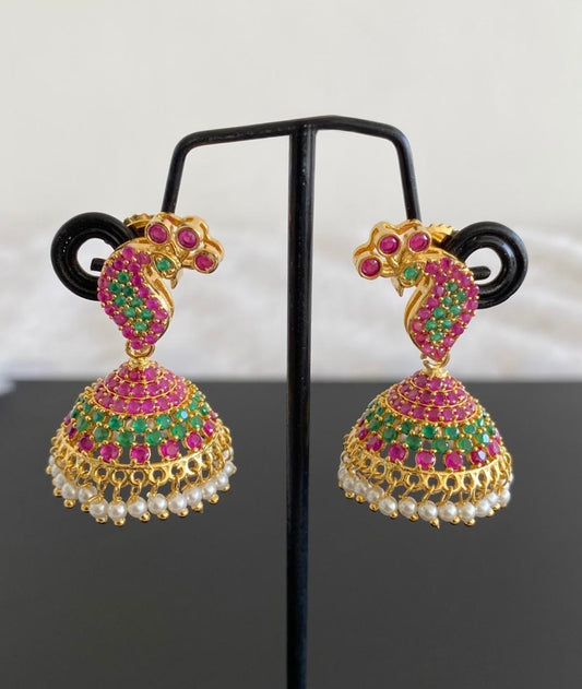 Gold tone Pink-green Small Peacock Jhumkka-dj01835